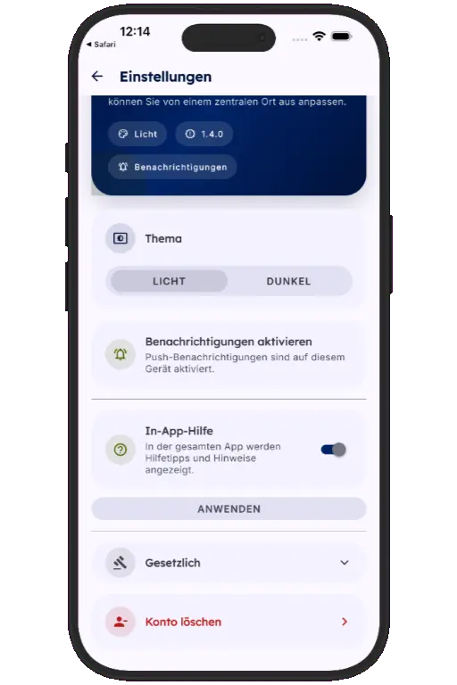 Sports HQ Settings screen with the Delete Account option highlighted