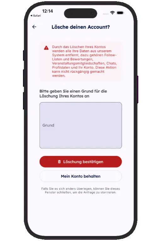 Sports HQ screen for entering a reason and confirming account deletion