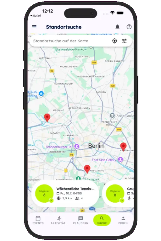 Sports HQ location-based search results on a map