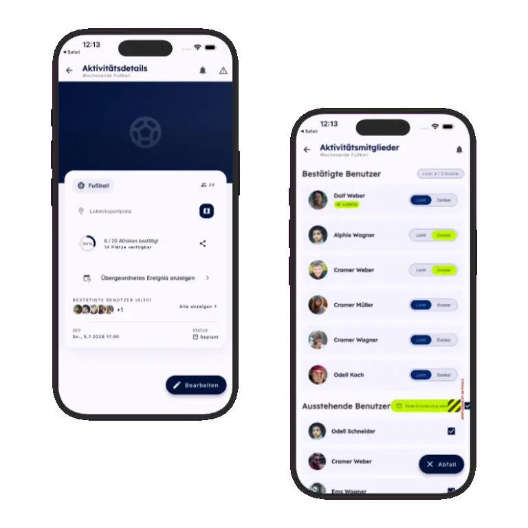 Sports HQ attendance tracking with confirm, decline, and reminder controls