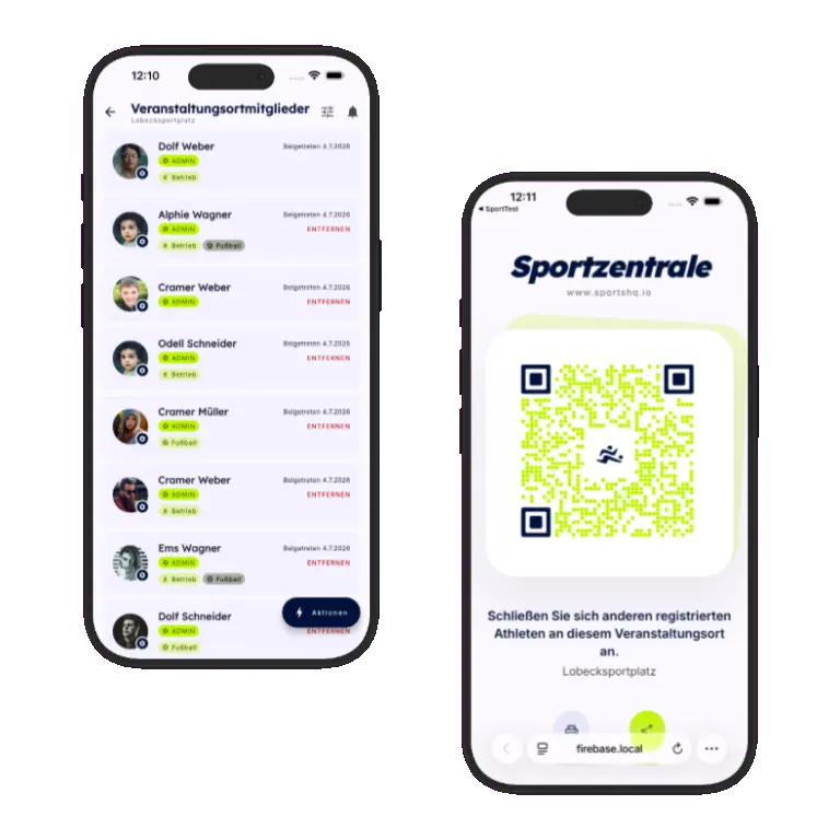 Sports HQ QR code registration and venue share screens