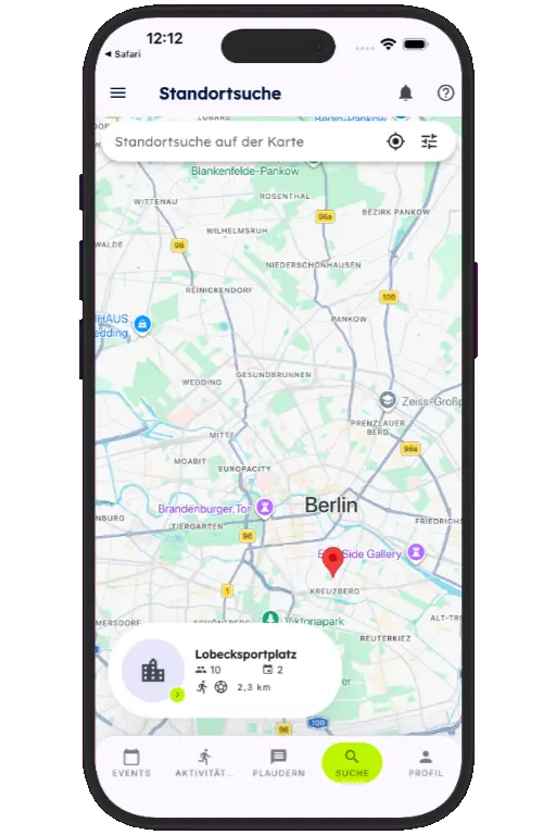Sports HQ location-based venue search results on a map