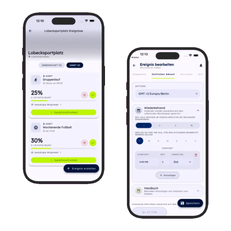 Sports HQ recurring event schedule creation screens