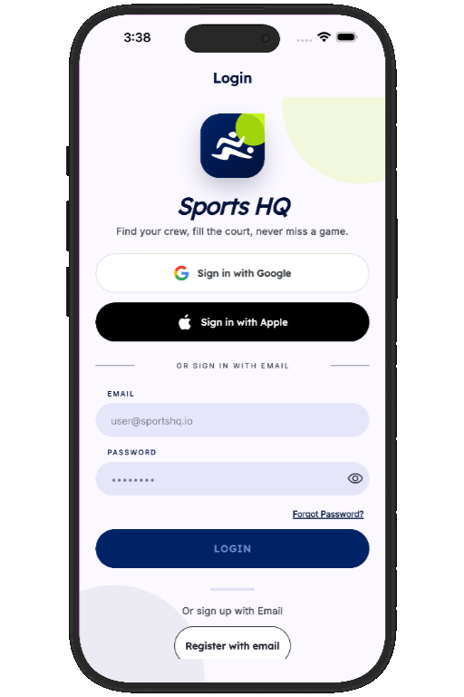 Sports HQ login screen