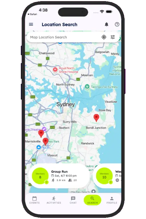 Sports HQ location-based search results on a map
