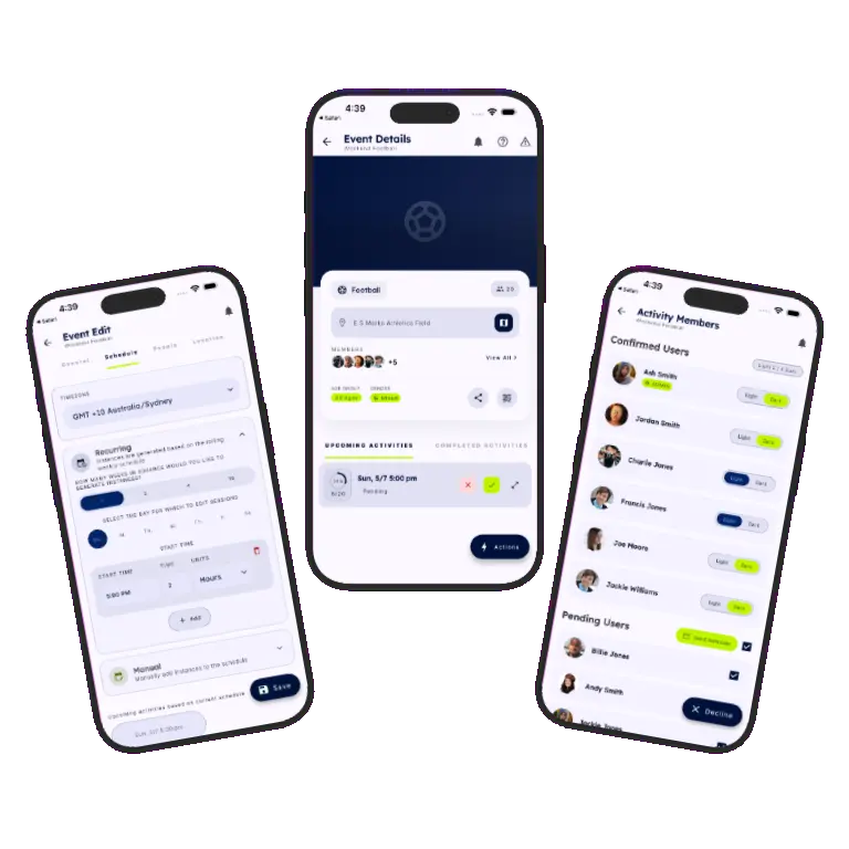 Sports HQ recurring activity scheduling screens