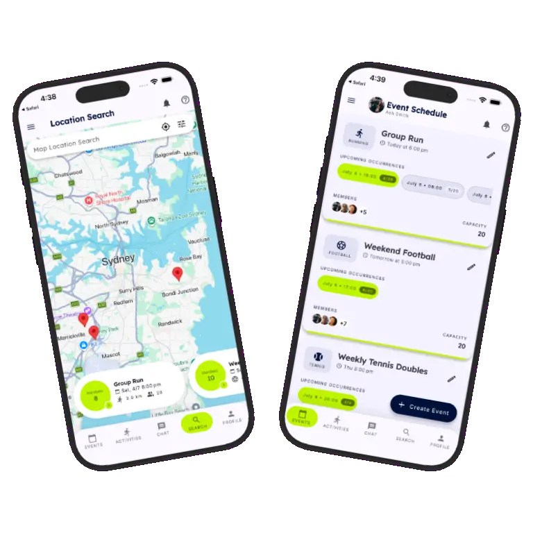 Sports HQ event scheduling and attendance screens