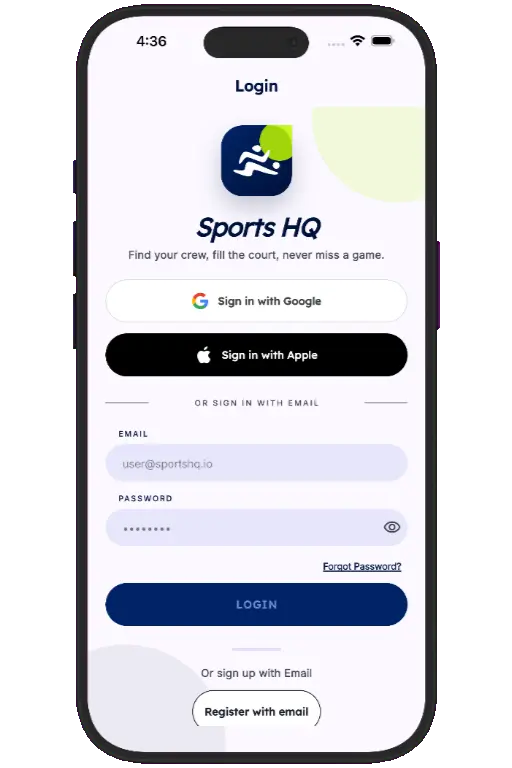 Sports HQ login screen