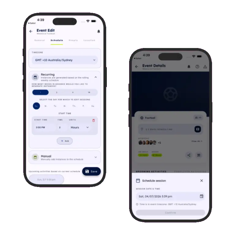 Sports HQ recurring and manual activity scheduling screens