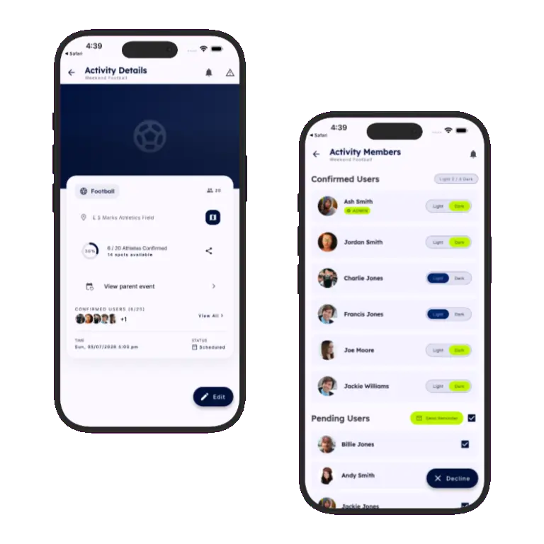 Sports HQ attendance tracking with confirm, decline, and reminder controls