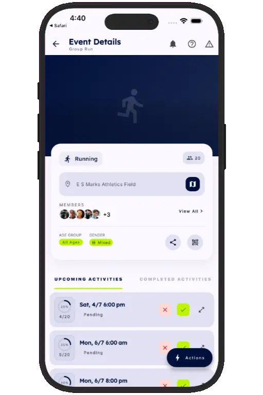 Sports HQ activity screen showing a trusted running event