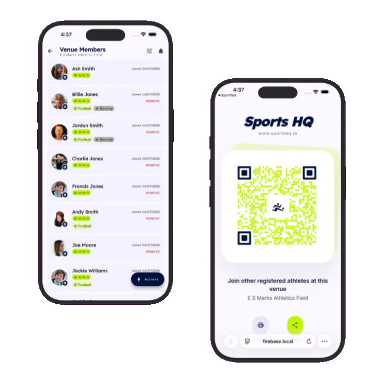 Sports HQ QR code registration and venue share screens
