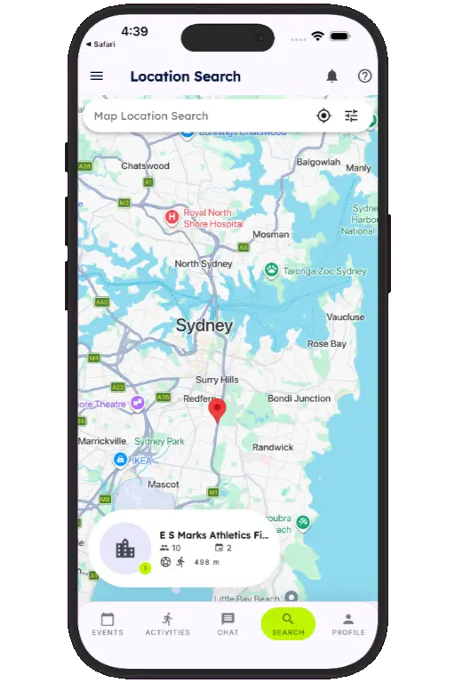Sports HQ location-based venue search results on a map