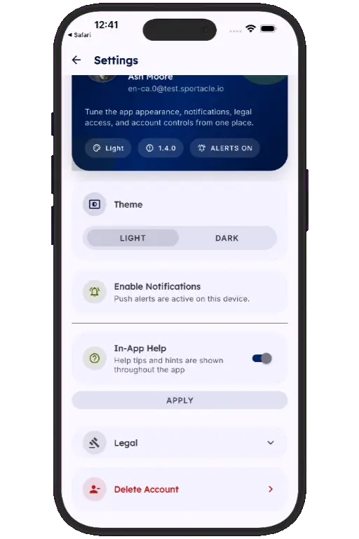 Sports HQ Settings screen with the Delete Account option highlighted