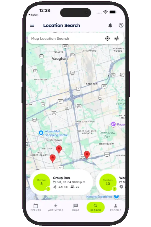 Sports HQ location-based search results on a map