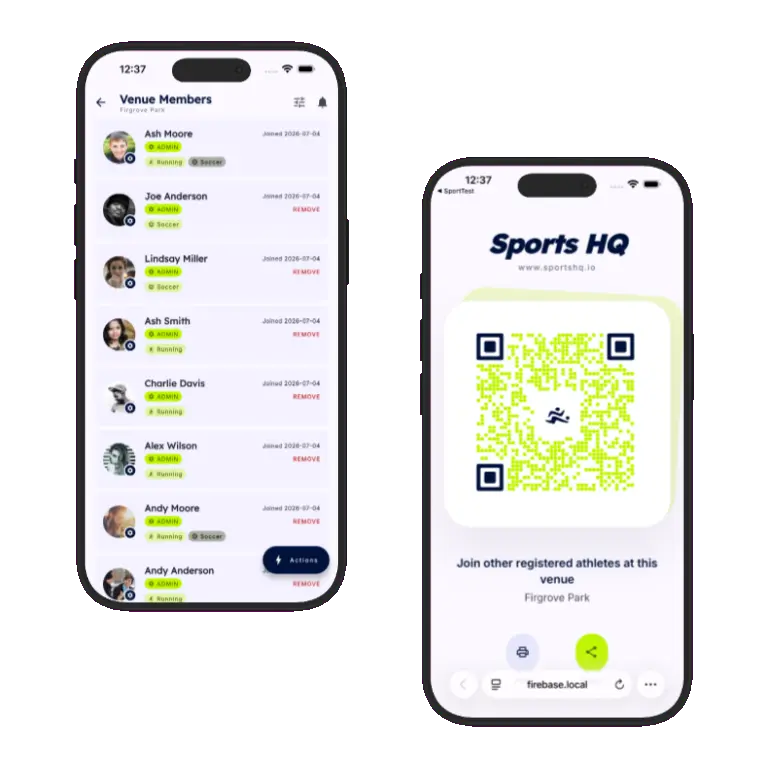 Sports HQ QR code registration and venue share screens
