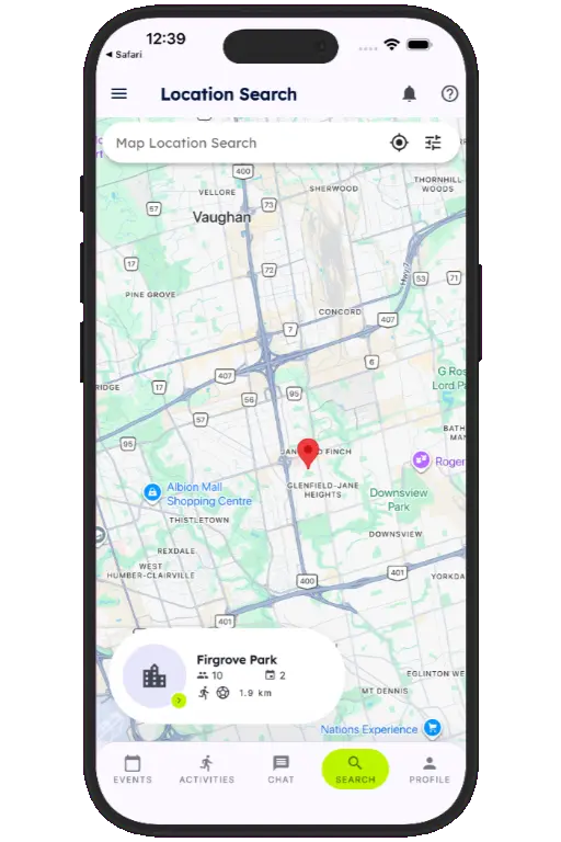Sports HQ location-based venue search results on a map