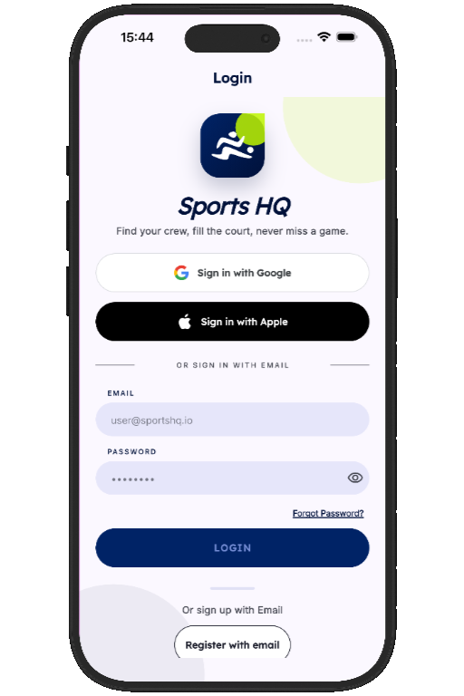 Sports HQ login screen