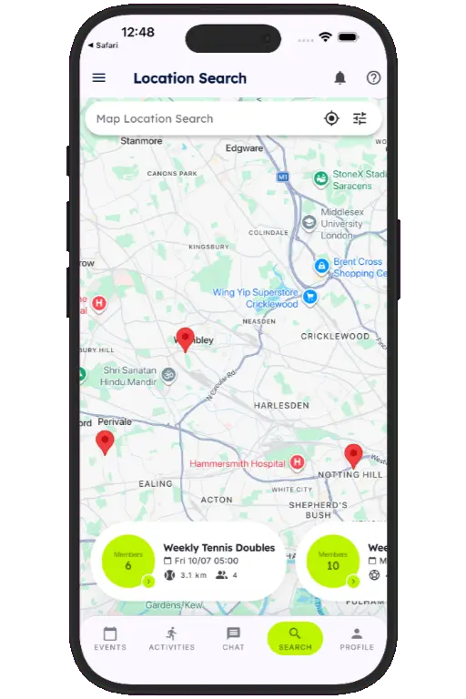 Sports HQ location-based search results on a map