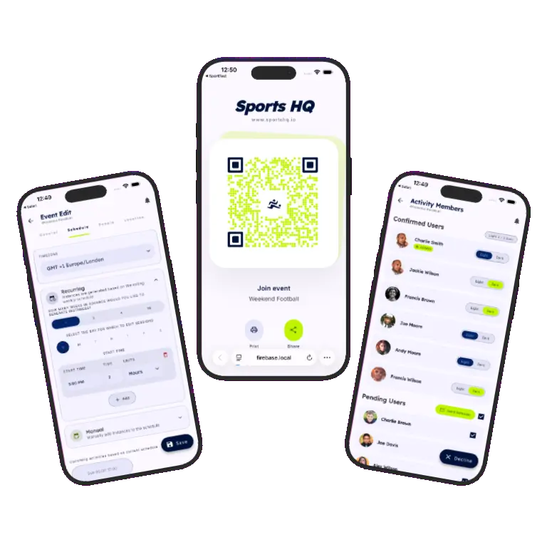 Sports HQ activity detail screen with attendance confirm and decline buttons