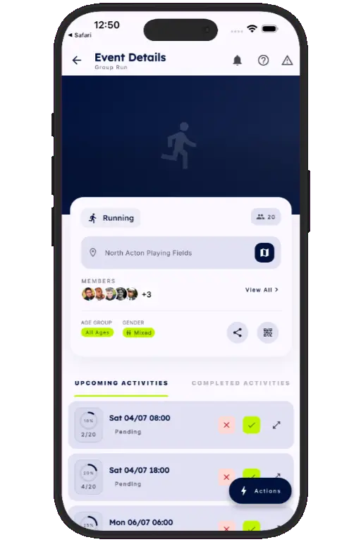 Sports HQ activity screen showing a trusted running event