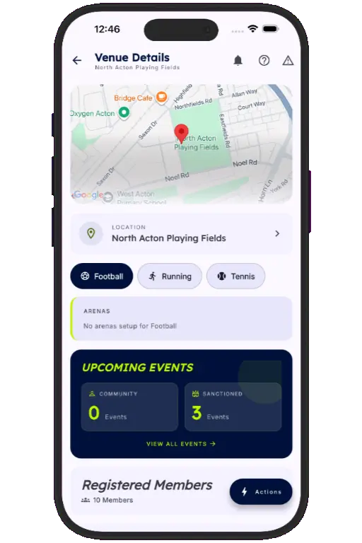 Sports HQ venue details screen showing registered members, amenities, and QR registration