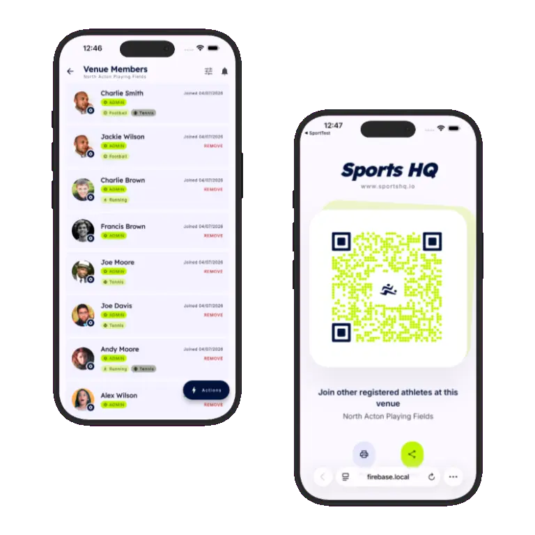 Sports HQ QR code registration and venue share screens