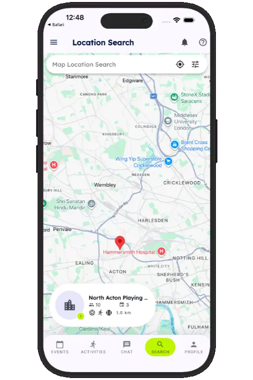 Sports HQ location-based venue search results on a map