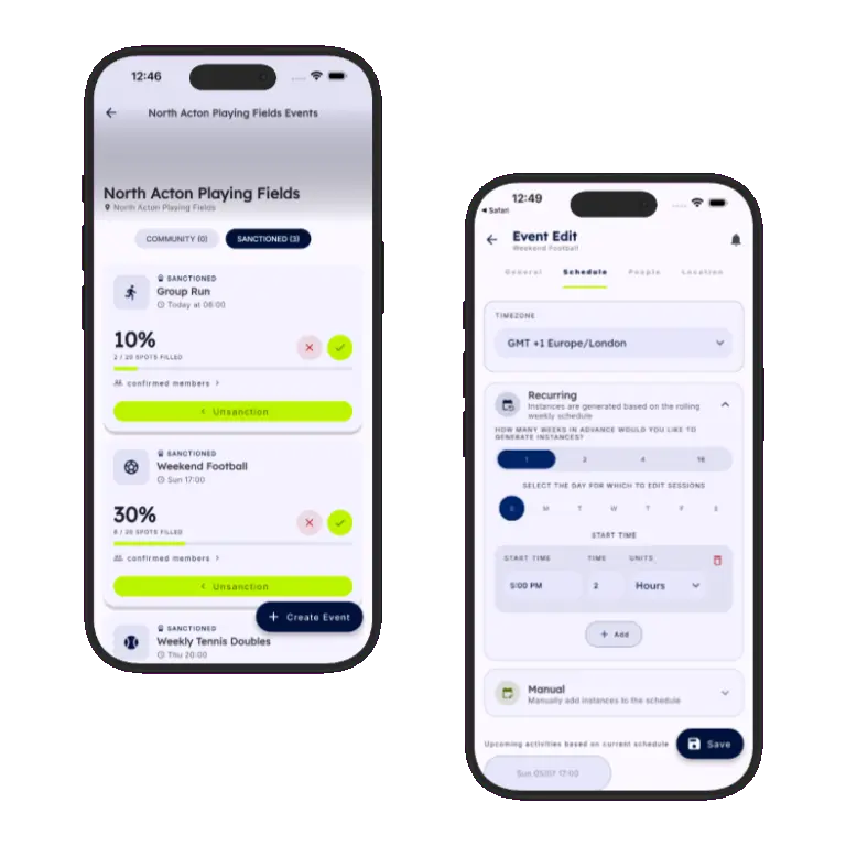 Sports HQ recurring event schedule creation screens