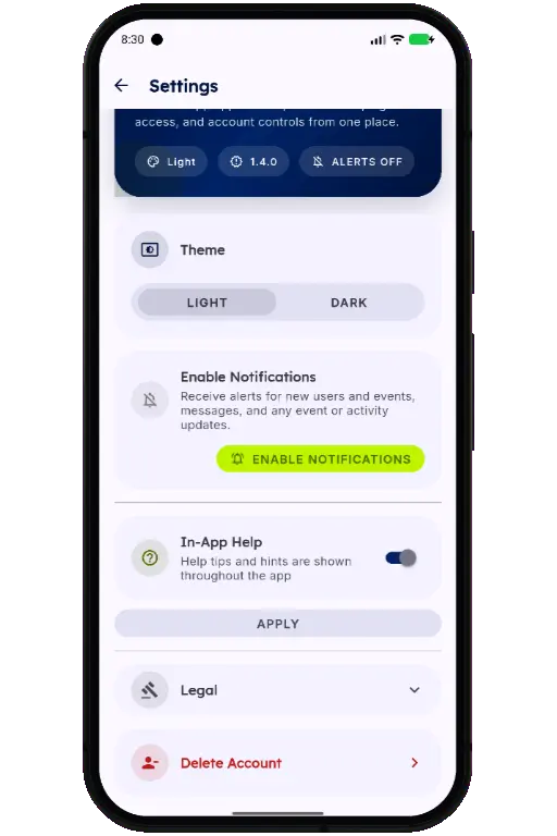 Sports HQ Settings screen with the Delete Account option highlighted