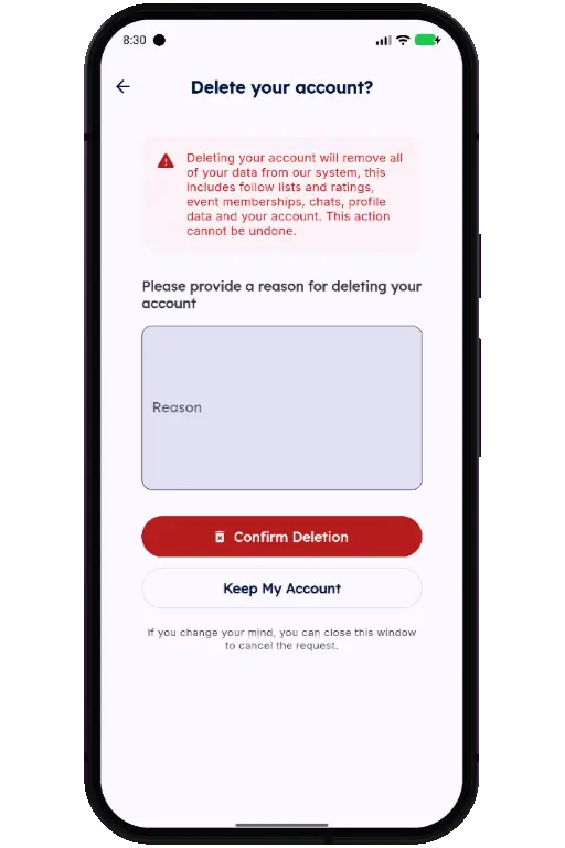 Sports HQ screen for entering a reason and confirming account deletion