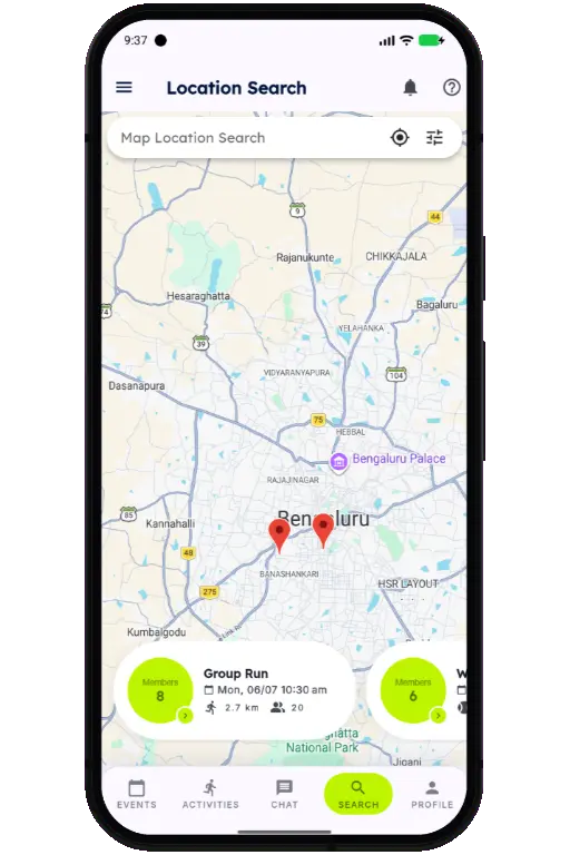Sports HQ location-based search results on a map