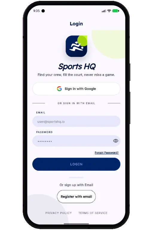 Sports HQ login screen