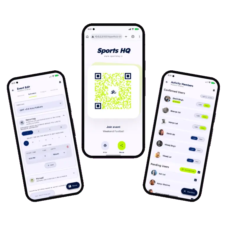 Sports HQ activity detail screen with attendance confirm and decline buttons