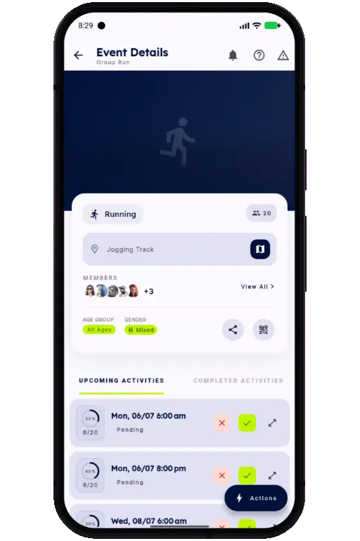 Sports HQ activity screen showing a trusted running event