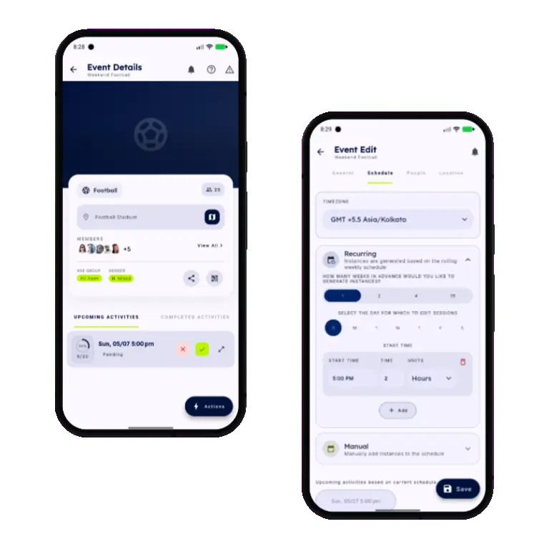 Sports HQ manual and recurring scheduling screens
