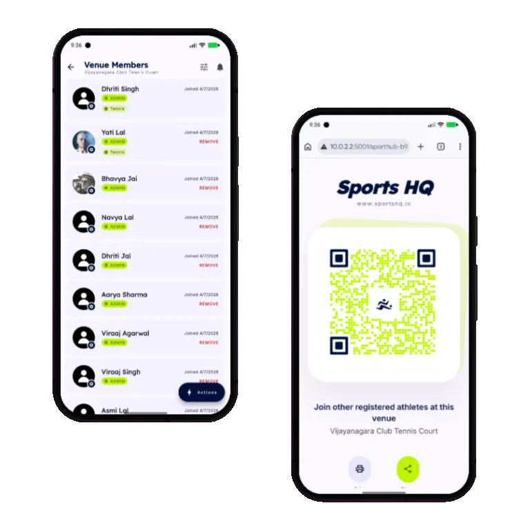 Sports HQ QR code registration and venue share screens