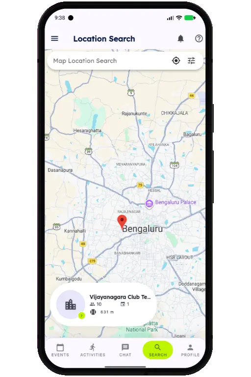 Sports HQ location-based venue search results on a map