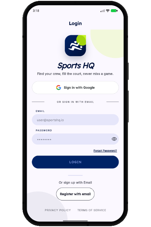 Sports HQ login screen