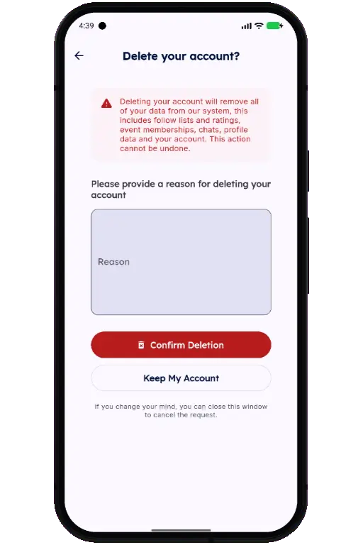 Sports HQ screen for entering a reason and confirming account deletion