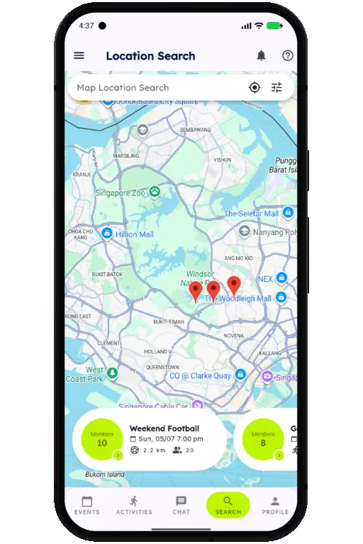 Sports HQ location-based search results on a map