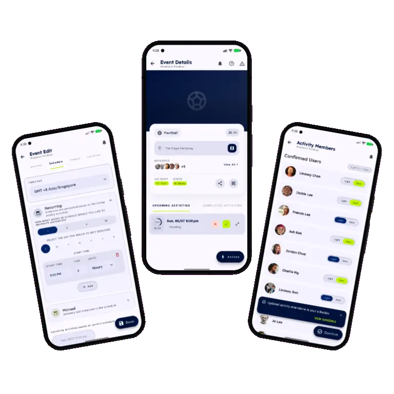 Sports HQ recurring activity scheduling screens