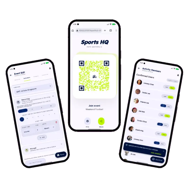 Sports HQ activity detail screen with attendance confirm and decline buttons