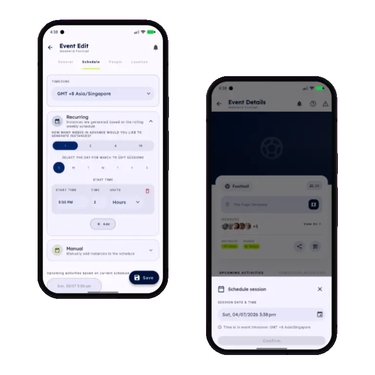 Sports HQ recurring and manual activity scheduling screens