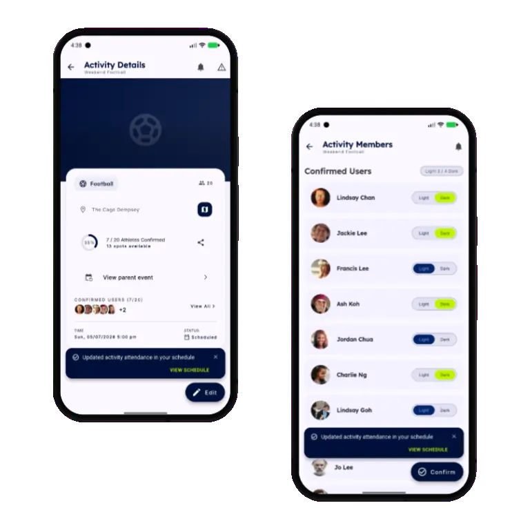 Sports HQ attendance tracking with confirm, decline, and reminder controls