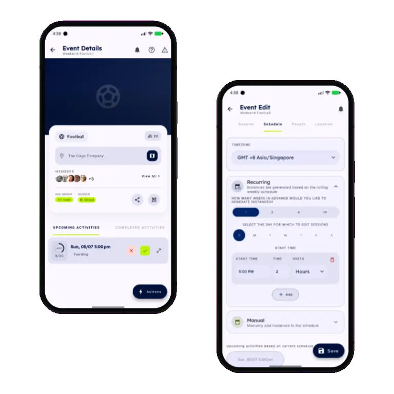 Sports HQ manual and recurring scheduling screens
