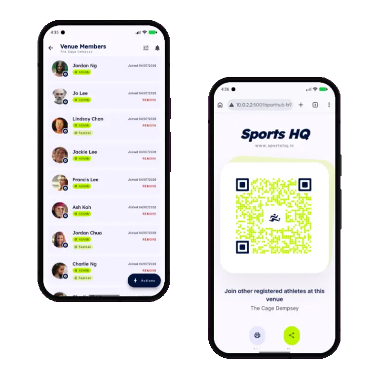 Sports HQ QR code registration and venue share screens