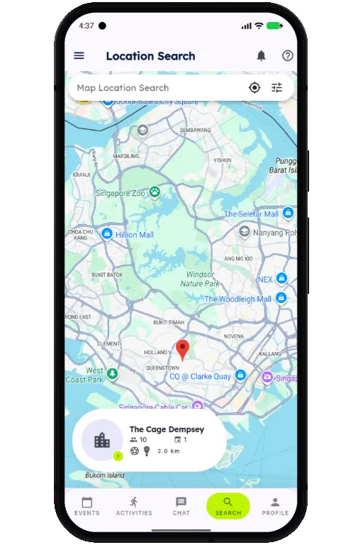 Sports HQ location-based venue search results on a map