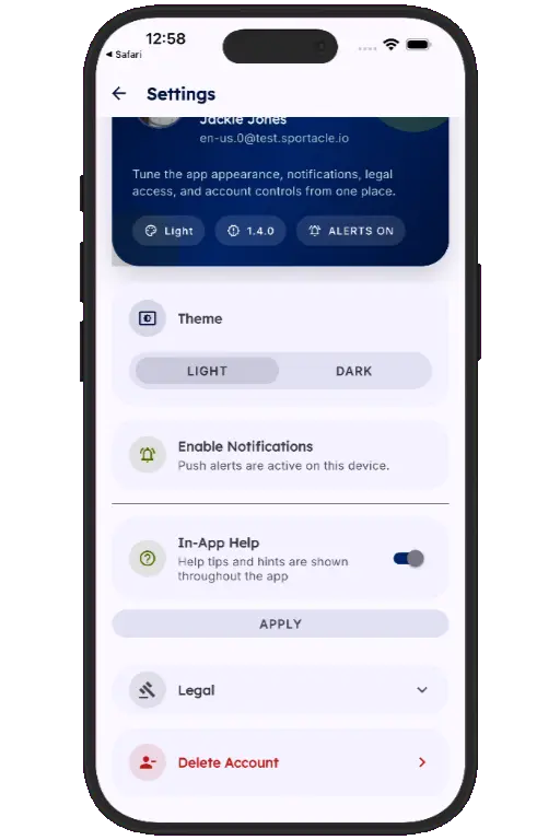 Sports HQ Settings screen with the Delete Account option highlighted