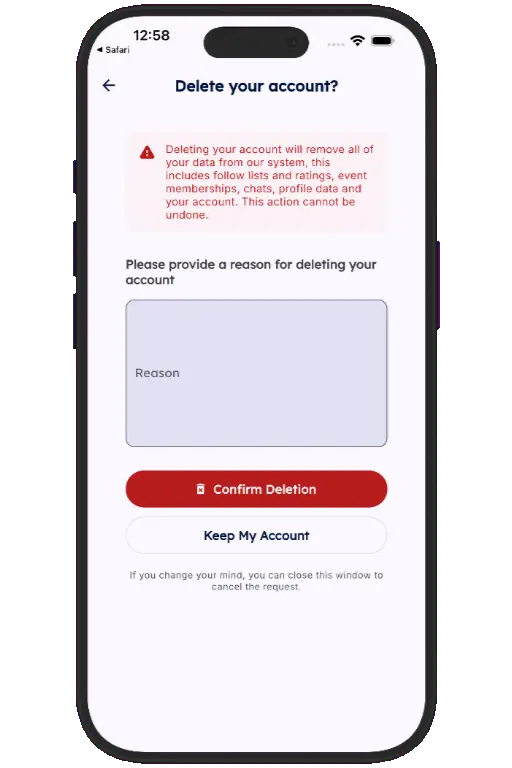Sports HQ screen for entering a reason and confirming account deletion